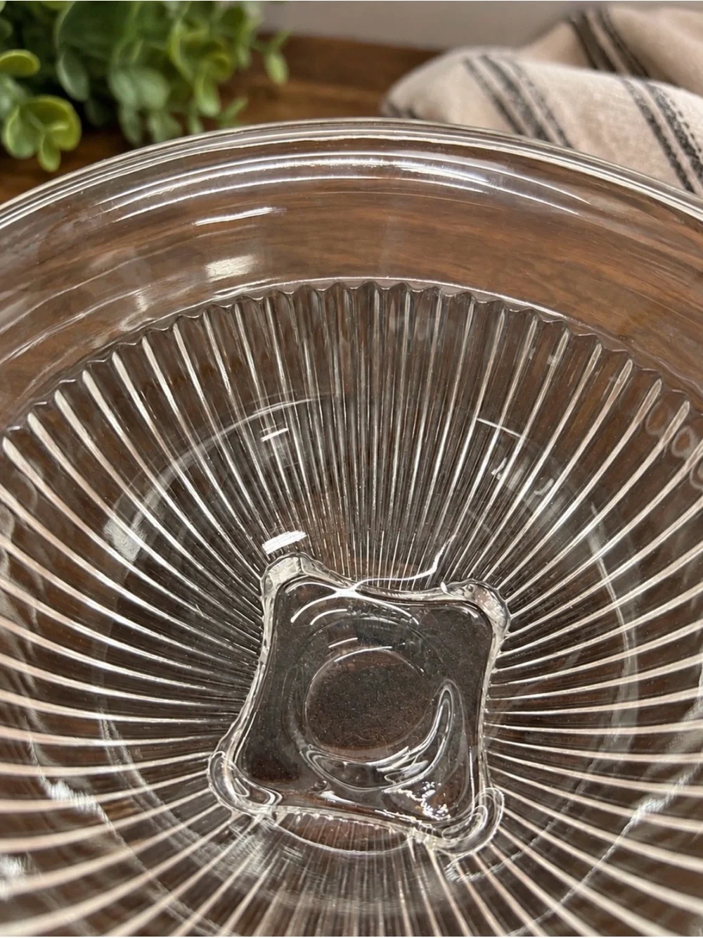Vintage Clear Ribbed Glass Serving Bowl Flared Rim Square Foot 9.5” Centerpiece